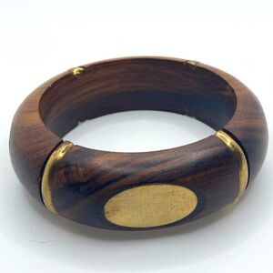 Vtg Brass Inlay Dark Wood & Metal Large Chunky Boho Bracelet 7.9” C / 2.5” D